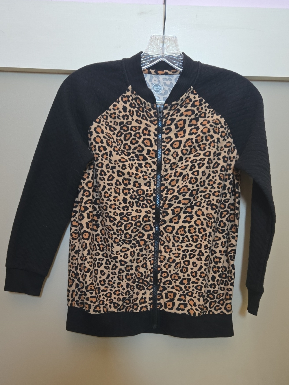 Girls Leopard Print Zip-Up Jacket with Black Sleeves